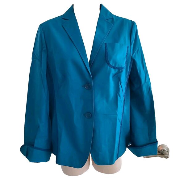 Akris Punto Jacket Women Blue Cotton 2 Buttons  Pocket 3/4 Sleeves US Sz 10 - Picture 2 of 10